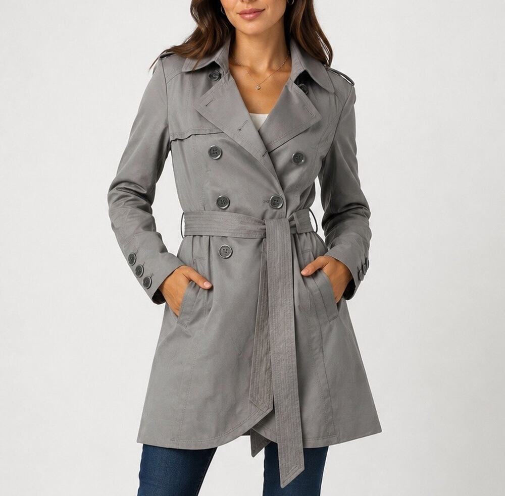 NWOT Guess Double Breasted Belted Trench Coat Gray Damask Lined Women’s S Small